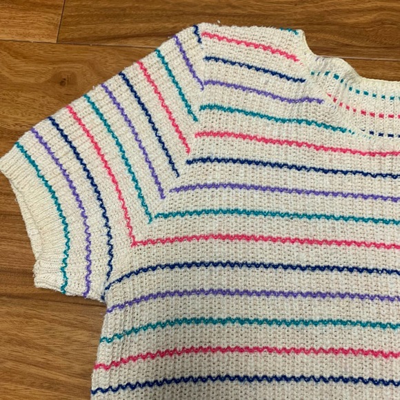 VTG 80s 90s 100% cotton short rainbow sleeve striped knit sweater MEDIUM - Picture 3 of 4
